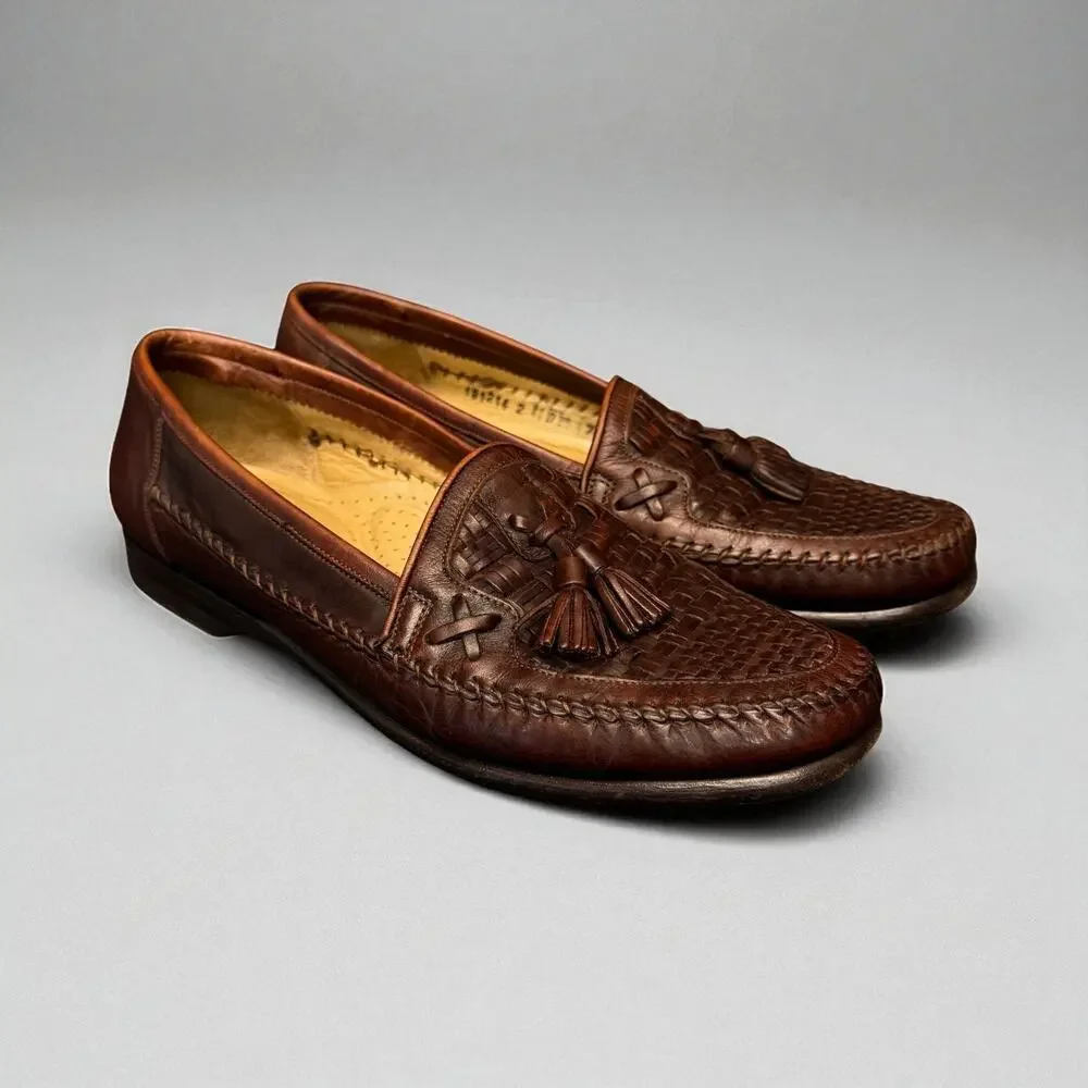 Santoni Vero Cuoio Loafers Mens 7.5D Brown Tassle Woven Italy Leather Dress Shoe